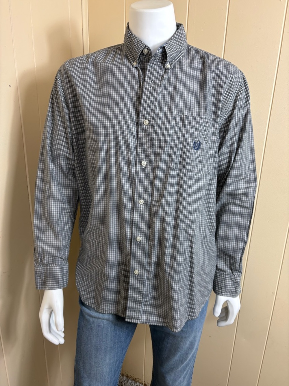Chaps Easy Care  Mens Button Front Shirt Long Sleeve Blue Gray Plaid Size XL
